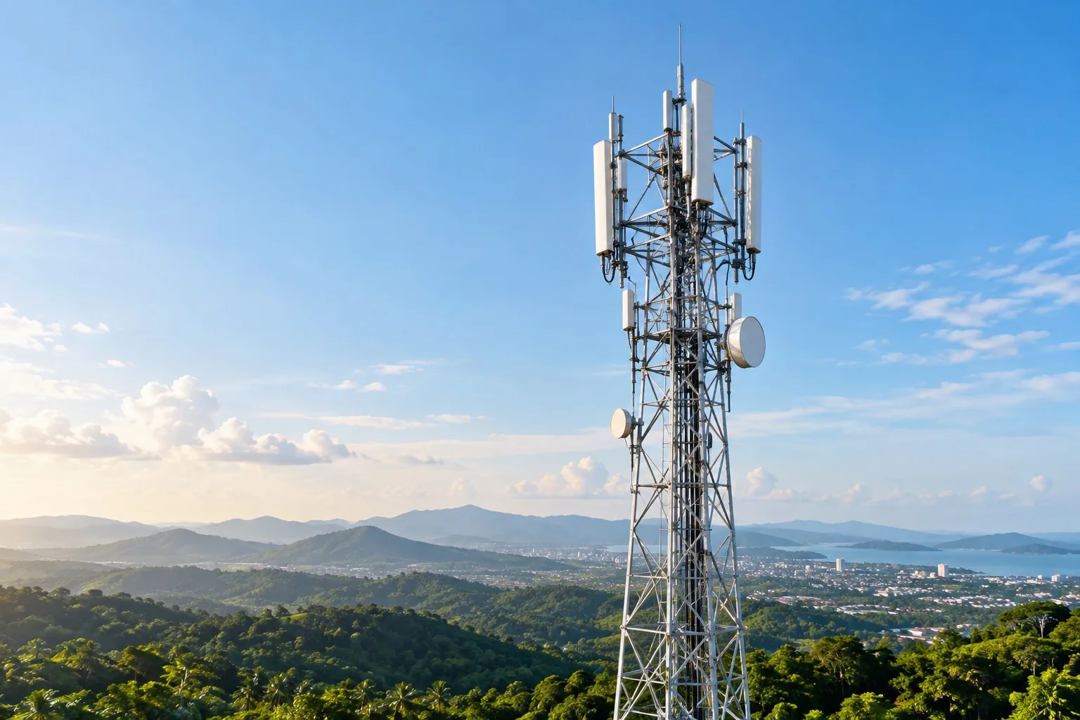 Ilustrasi menara telekomunikasi di lanskap tropis